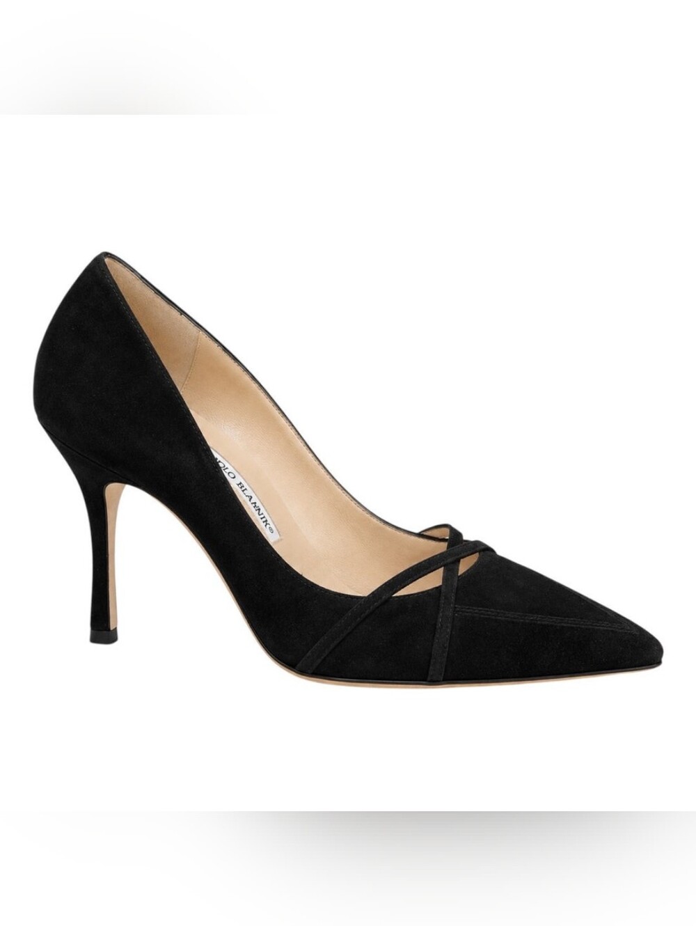 Manolo Blahnik Criss Cross Pointed Toe Suede Pump Black Heels 37.5